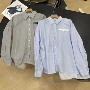 夏季 条纹小众百搭通勤新款 单排扣直筒宽松上衣 长袖 衬衫