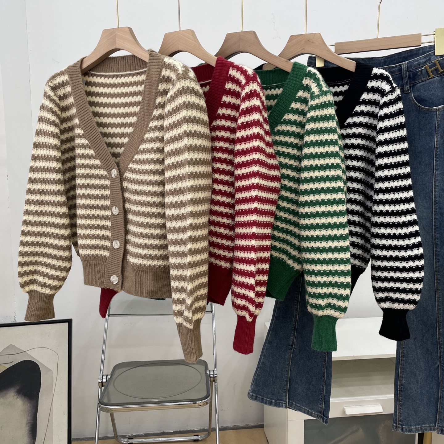 【楠】撞色拼接条纹上衣女秋季新款单排扣宽松显瘦开衫毛衣K#4