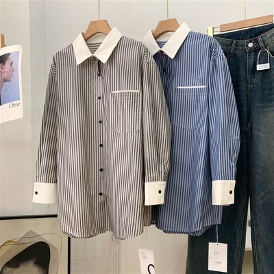 2025夏新款衬衫Polo领拼接条纹设计长袖宽松休闲上衣F#17