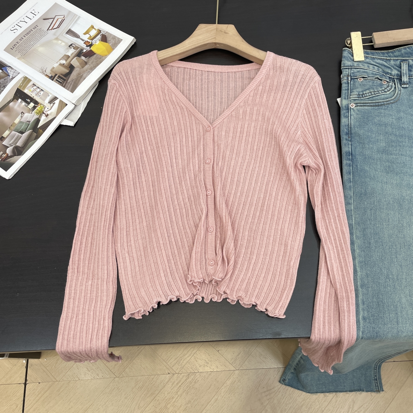 【楠】韩系纯色显瘦V领针织开衫女秋季新款休闲百搭短款上衣K#16