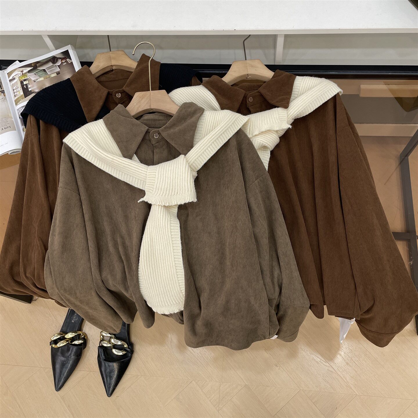 韩系条纹翻领长袖衬衫带披肩女2025新款秋季设计感宽松上衣