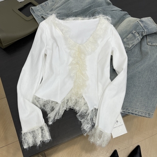 纯欲风T恤长袖 秋冬季 蕾丝拼接显瘦打底衫 新款 法式