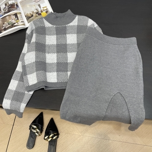 套装 慵懒风复古拼色格子宽松卫衣搭不规则半身裙L