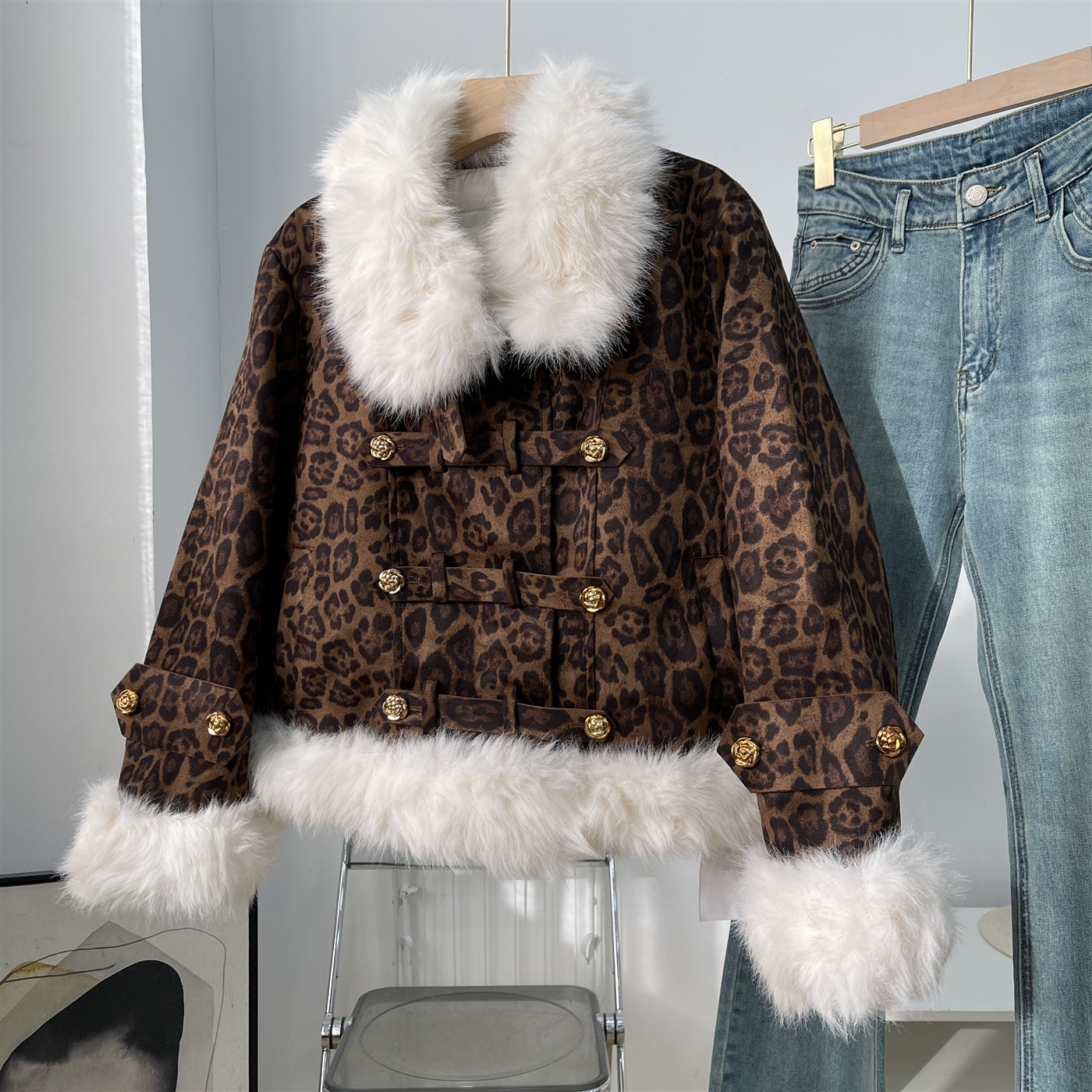 羽绒外套高级感时尚气质豹纹环保毛拼接设计上衣女 A#5