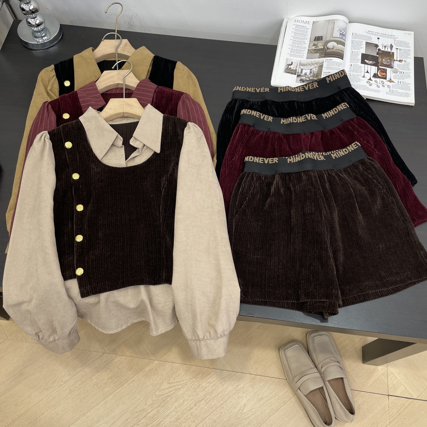 套装假两件平时小众时尚新款长袖衬衫高腰百搭新款短裤K#18