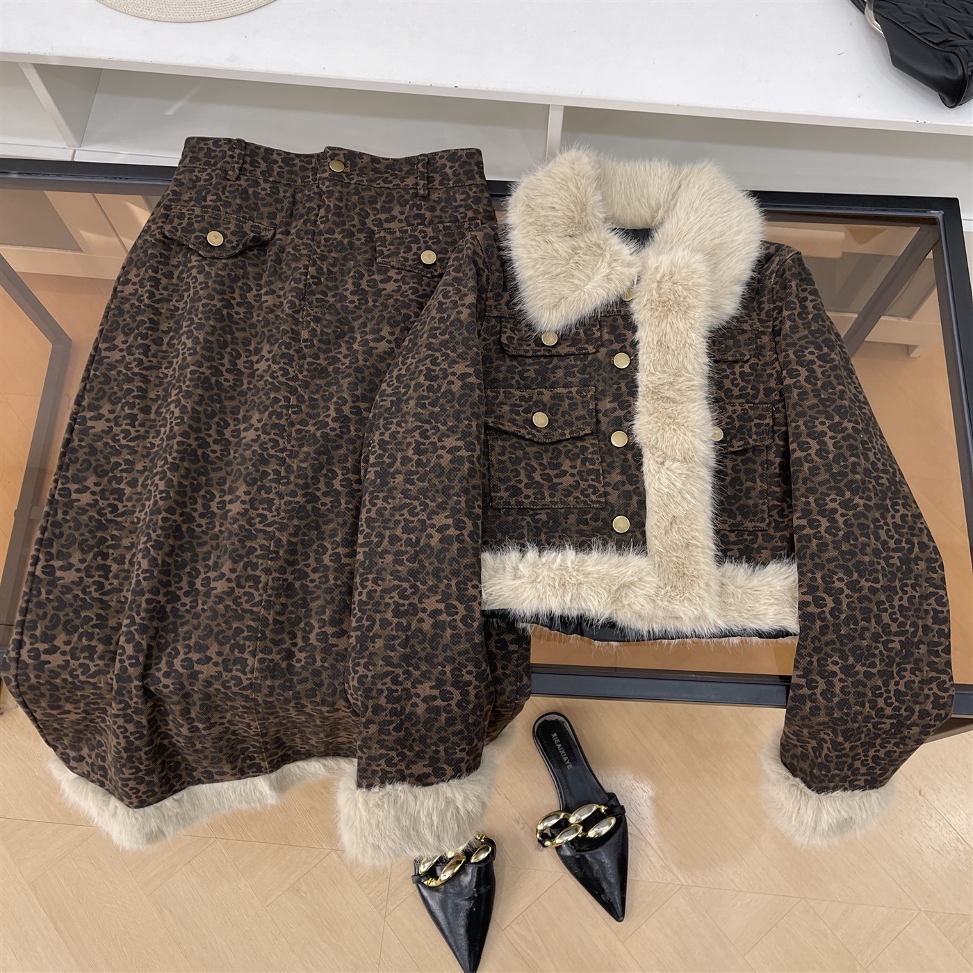 套头复古拼接毛毛豹纹短款外套搭时尚高腰半身裙女 L#6