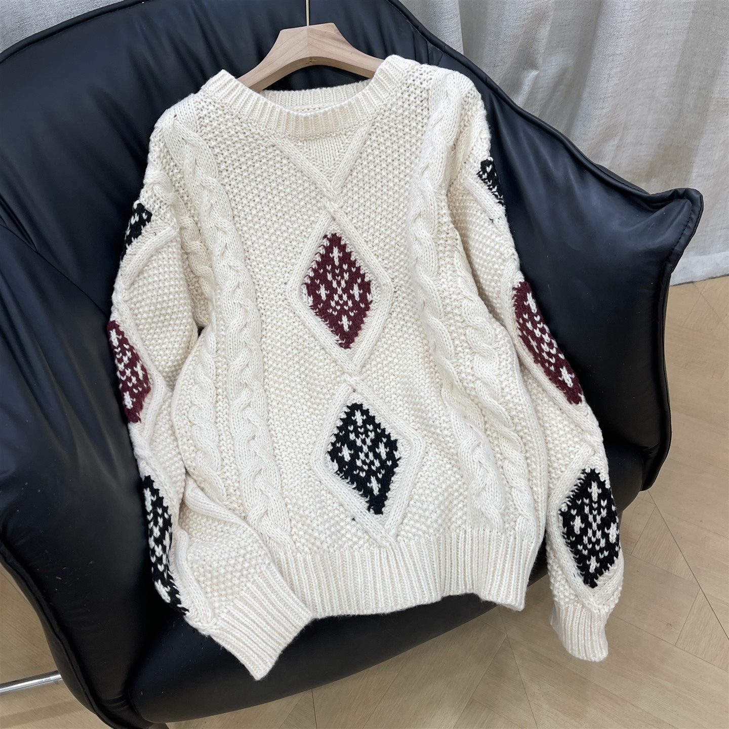 慵懒风软糯菱格圆领毛衣女秋冬新款设计感宽松显瘦针织衫上衣L#14