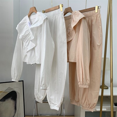时尚百搭法式慵懒风套装秋季新款纯色长袖衬衫+高腰松紧长