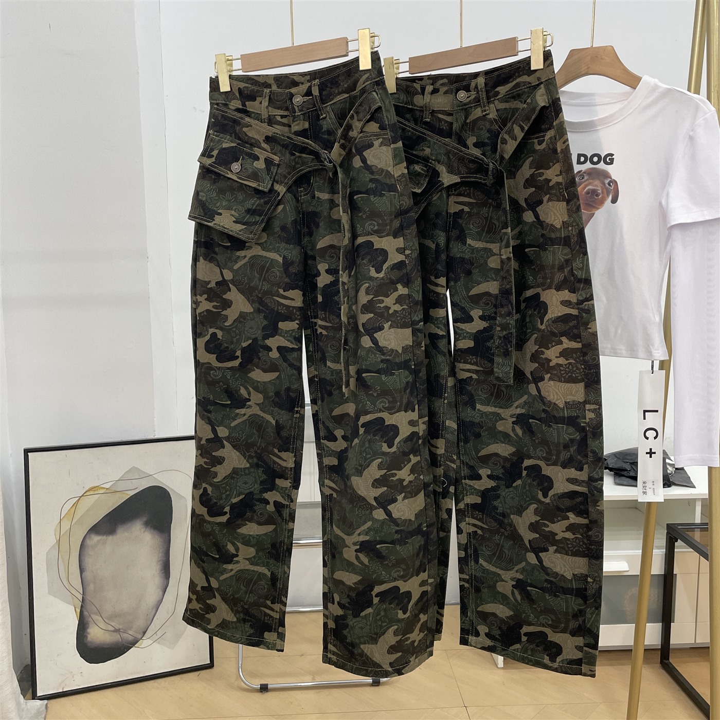 复古迷彩工装牛仔裤女2025新款高腰显瘦百搭宽松直筒裤子K#30