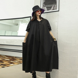 今年流行特惠日系暗黑风一粒扣V领衬衣裙女夏季 小众洋气质大口袋