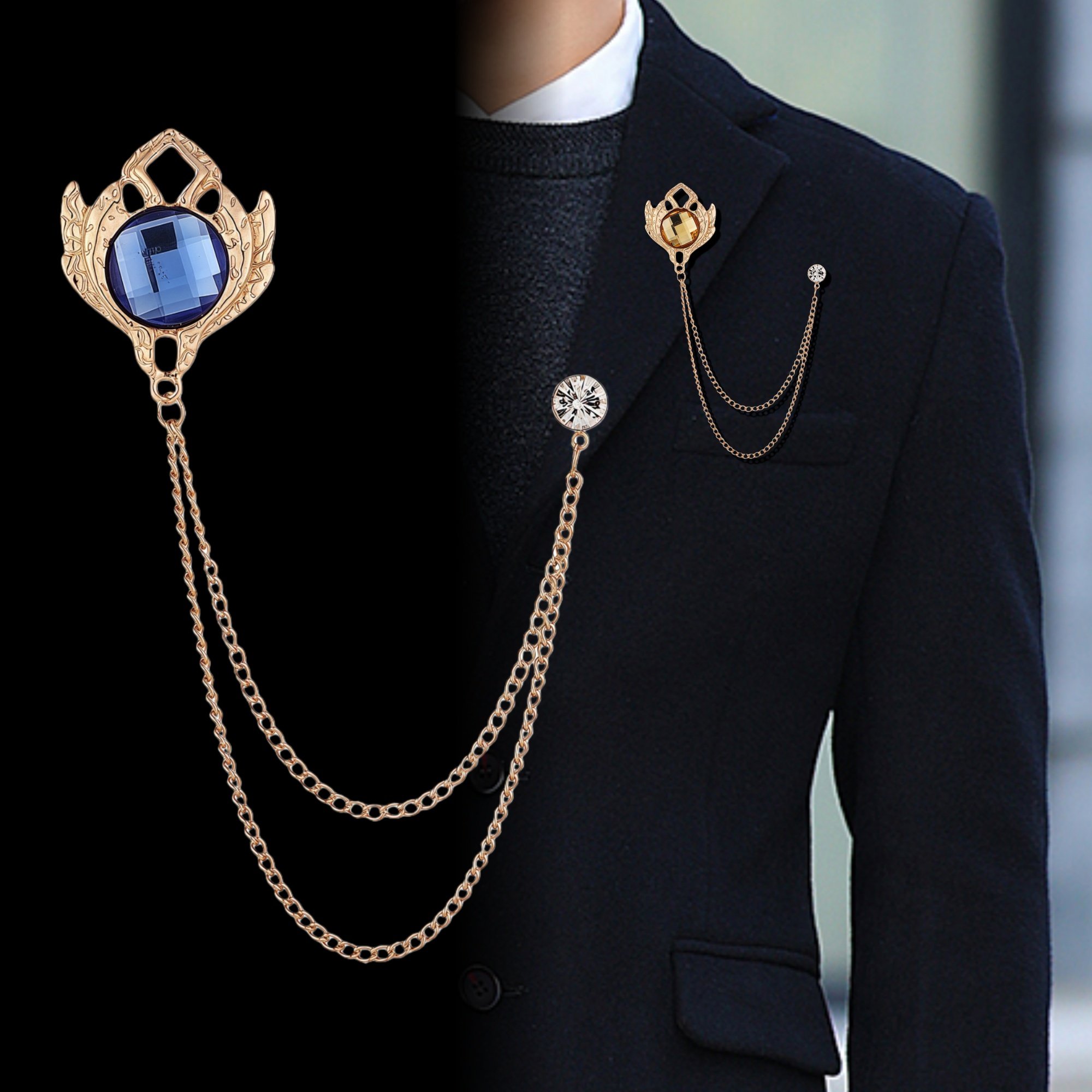 欧美风胸针男女士英伦复古蓝宝石双层链条西装衬衫外套胸花装饰品,饰品/流行首饰/时尚饰品新,胸针,淘宝优惠券,粉丝福利购,淘宝优惠卷
