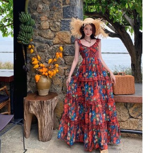 法式红色碎花连衣裙女新款V领长裙开叉裙子海边度假旅游裙