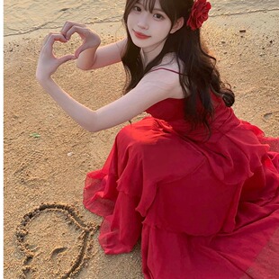 红色裙子三亚海边度假收腰连衣裙荷叶边吊带沙滩长裙旅游拍照穿搭