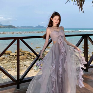 度假风连衣裙2026春季新款设计感抹胸长裙紫色网纱裙子海边旅游裙