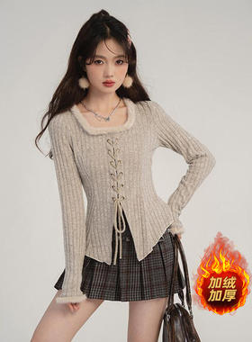 2025秋冬新款胖mm加绒针织衫绑带拼接毛边领收腰显瘦长袖上衣8172