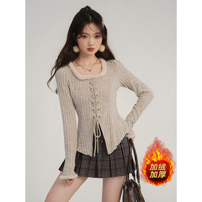 2025秋冬新款胖mm加绒针织衫绑带拼接毛边领收腰显瘦长袖上衣8172