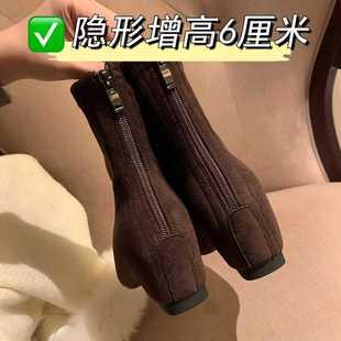 复古弹力瘦瘦靴女后拉链猫跟短靴女 34小个子内增高6cm法式