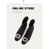 法式 气质方头水钻方扣粗跟短靴女高跟弹力瘦瘦靴女大码 女靴41—43