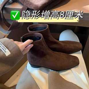 小个子内增高8cm百搭马丁靴后拉链粗跟方头复古瘦瘦鞋 短靴女 法式