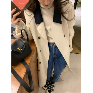 热心芝士侠撞色拼接长款毛呢风衣宽松双面呢高级感韩版大衣外套冬