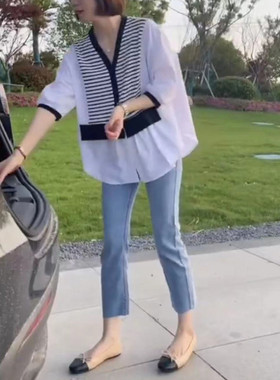 今年流行88538大爱美依缘2025夏季新款设计感条纹V领衬衫女洋气