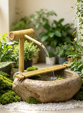 日式仿鹅卵石竹木水景台盆摆件