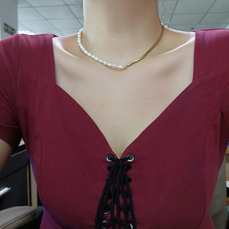 原创设计金属链条拼接精致淡水珍珠项链女复古ins简约百搭锁骨链