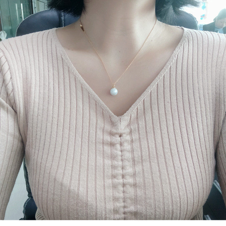 手工简约优雅18K金色单颗圆形珍珠项链不掉色精致气质吊坠毛衣链
