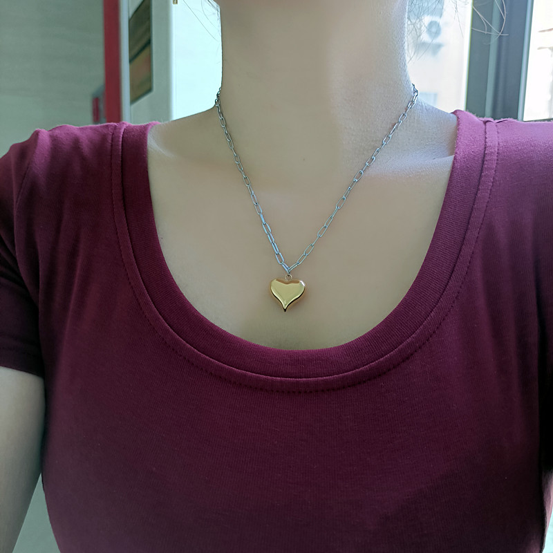 欧美法式复古爱心桃心形吊坠项链女夏小众金银撞色ins拼色锁骨链
