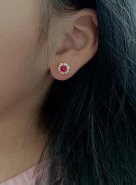 Huo Ting轻奢复古绿红色锆石耳钉 女防过敏18K包金气质高级感耳环