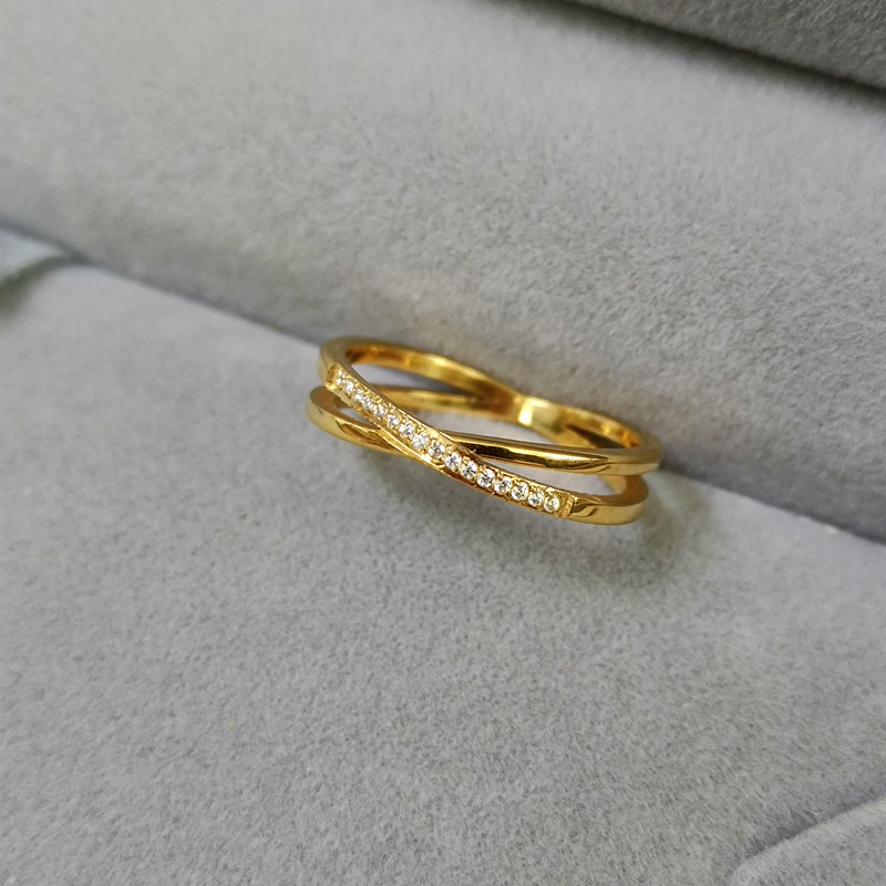 Huo Ting新中式气质18K金色交叉镶钻戒指女时尚百搭个性指环潮