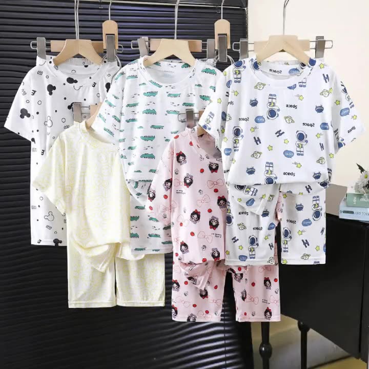 儿童冰丝睡衣男童女童空调服夏季家居服短袖短裤薄款小童亲子套装