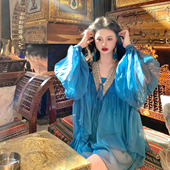 一千零一夜 套装 蓝色异域宽松遮肉衬衫 裙裤 女 半身短款 麓津自制