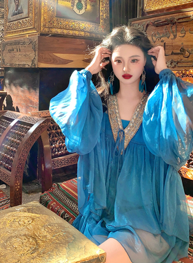 麓津自制《一千零一夜》蓝色异域宽松遮肉衬衫半身短款裙裤套装女