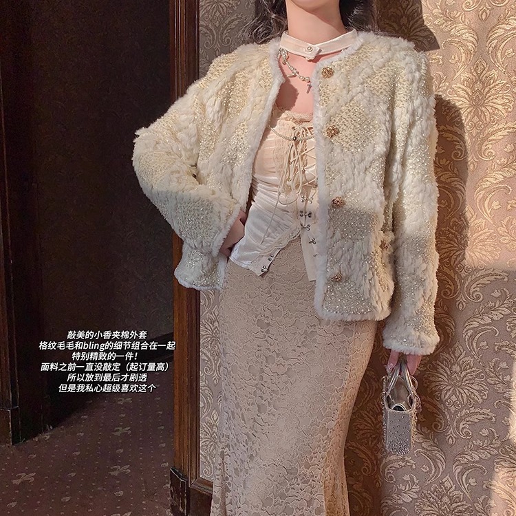 麓津自制《雪落香榭》小香风老钱米白色拼接秋冬款棉服棉衣外套女