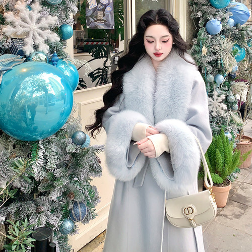 麓津自制《初雪氛围》冰蓝贵妇感100羊毛超大狐狸毛大衣双面呢