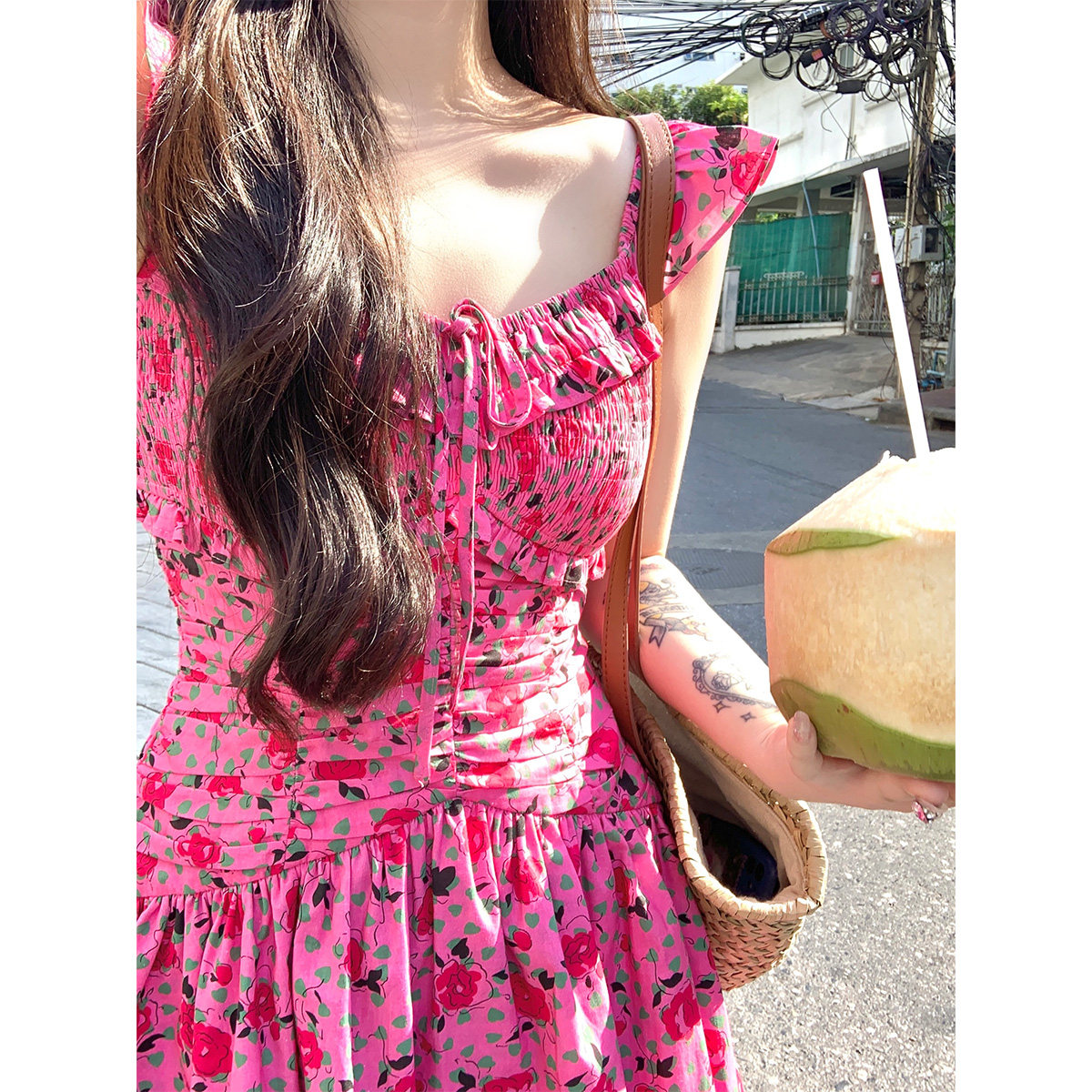 麓津自制《野莓狙击》100棉 显白印花春夏季短款玫红连衣裙女收腰