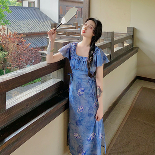 麓津自制《四时江南》蓝禅意国风连衣裙温柔系穿搭女2023新款夏季