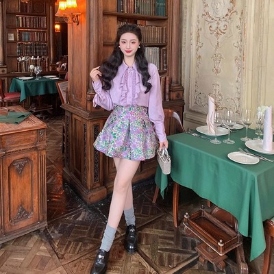 麓津自制《文艺复兴》小花苞精致贵气紫色半身裙提花短裙复古少女