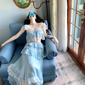 少女套装 麓津自制 上衣半身裙子夏季 蕾丝花边蓝色小衫 蕾丝情话