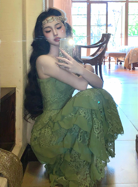 麓津自制《仲夏梦境》异域复古绿色定染中古蕾丝少女吊带连衣裙子