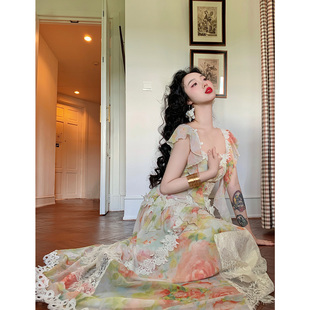 麓津自制《仲夏伊甸园》希腊油画风重工层叠蕾丝荷叶边少女连衣裙