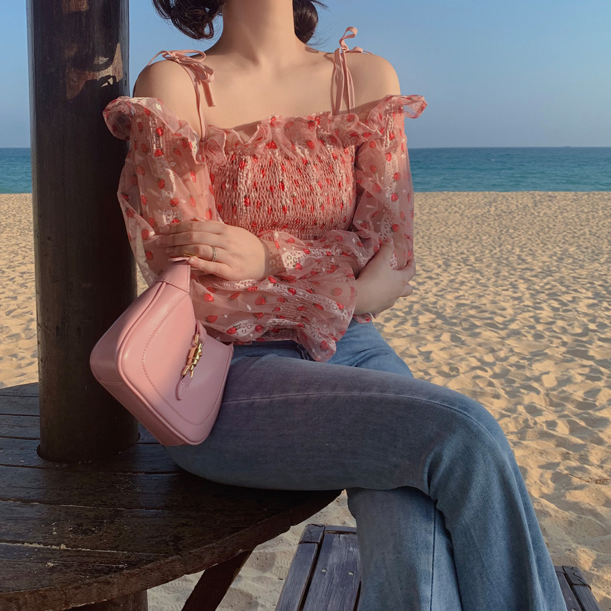 麓津自制《草莓汽水》粉色碎花复合打揽宽松衬衫上衣夏小衫少女