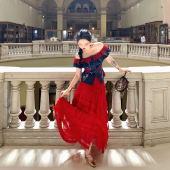 麓津自制 红色花小抹胸一字肩上衣红色蛋糕大摆裙子 曼陀罗之舞