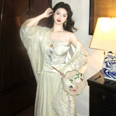 碎盏金银 裤 中式 抹胸长款 子 千金淡米金色精致钉珠开衫 麓津自制