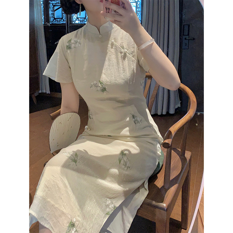 LUJIN의 집에서 만든 달 아래 은방울꽃 새로운 중국식 개선 치파오 드레스 여성 여름 허리를 조이는 복고풍 꽃무늬 스커트