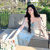 英式 春夏季 缎面蕾丝奶油蓝色玫瑰印花连衣裙女 小苍兰 麓津自制