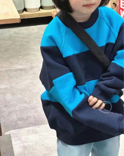 韩国童装潮牌XZ家蓝色显白宽条纹男女童加绒卫衣2025冬装宽松街舞