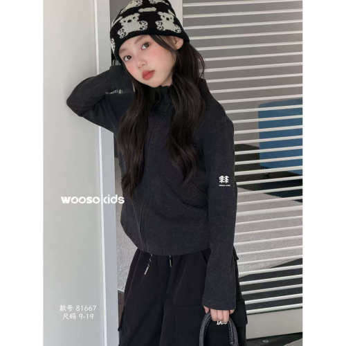 韩版WOO加绒外套拉链袖子标取消冬装2026新款女大童证肩修身亲子