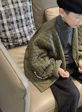 韩国童装25冬男女中大LP行棉内里加绒宽松夹克外套黑色抓绒香蕉裤